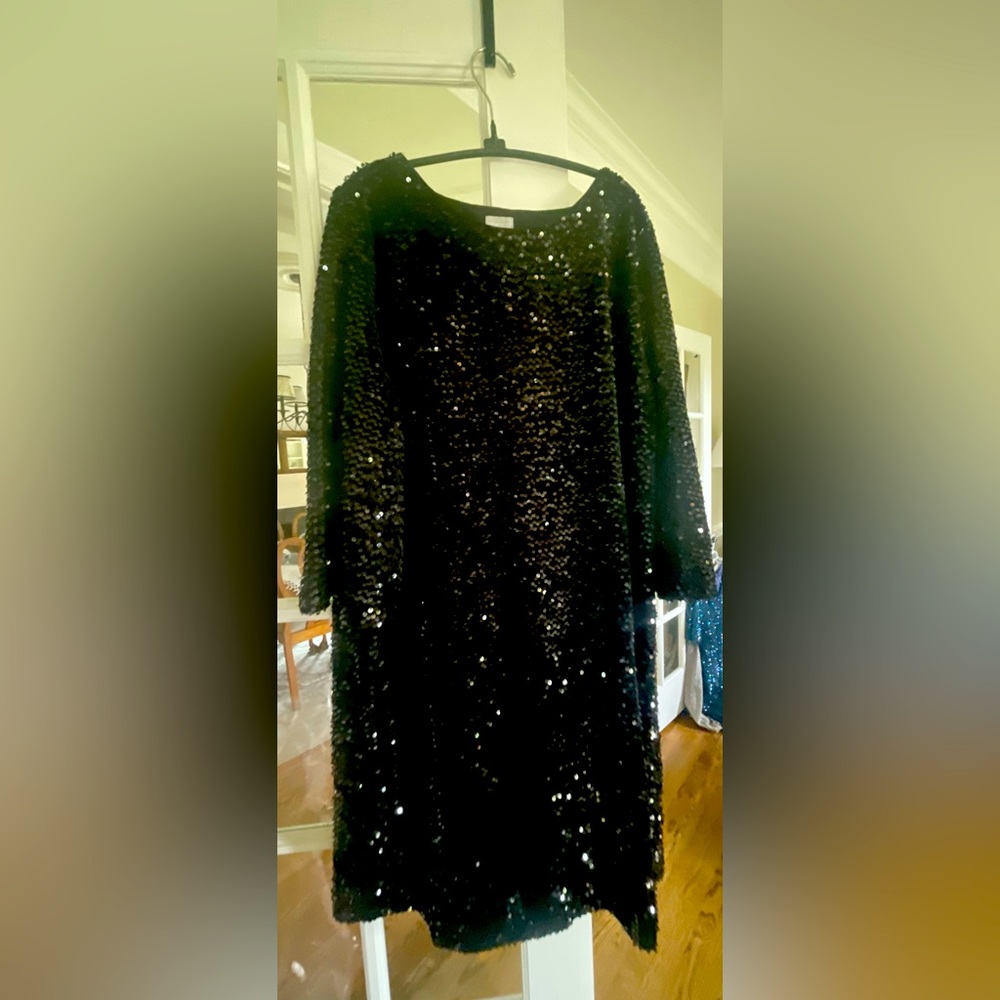 Chico’s black sequined, bell sleeve dress